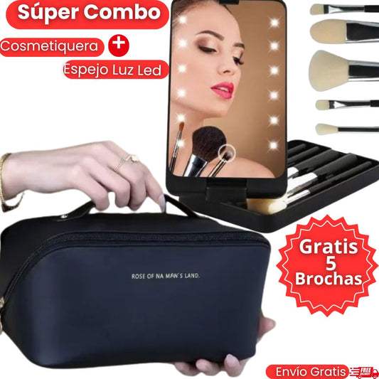 combo cosmetiqueras + espejos luz led Gratis 5 brochas